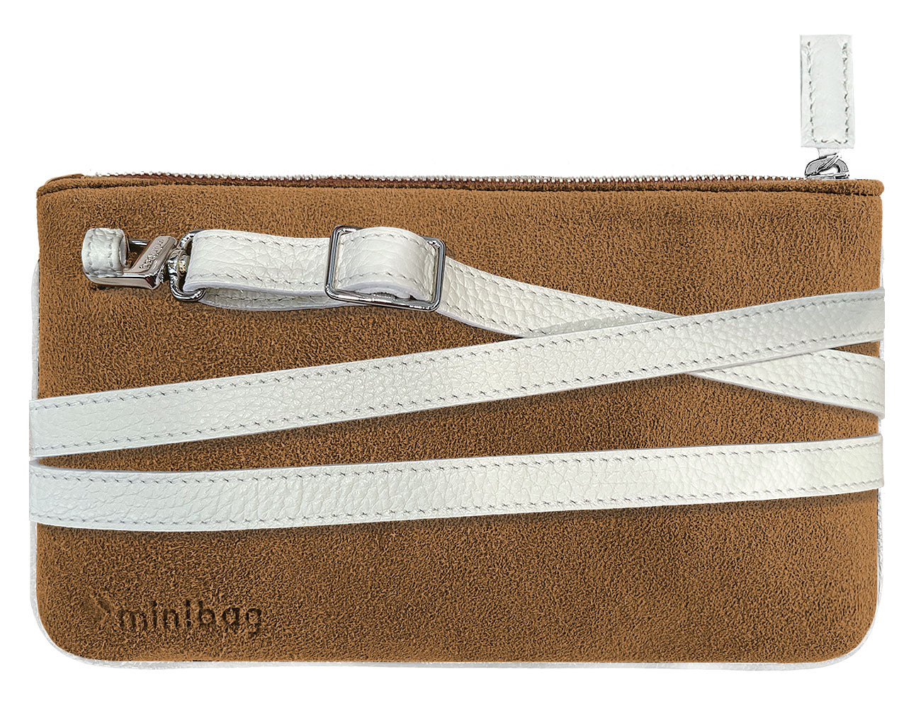 minibag , velour cognac with white, velourtasche in cognac mit weiss, braune tasche mit weissem Gurt