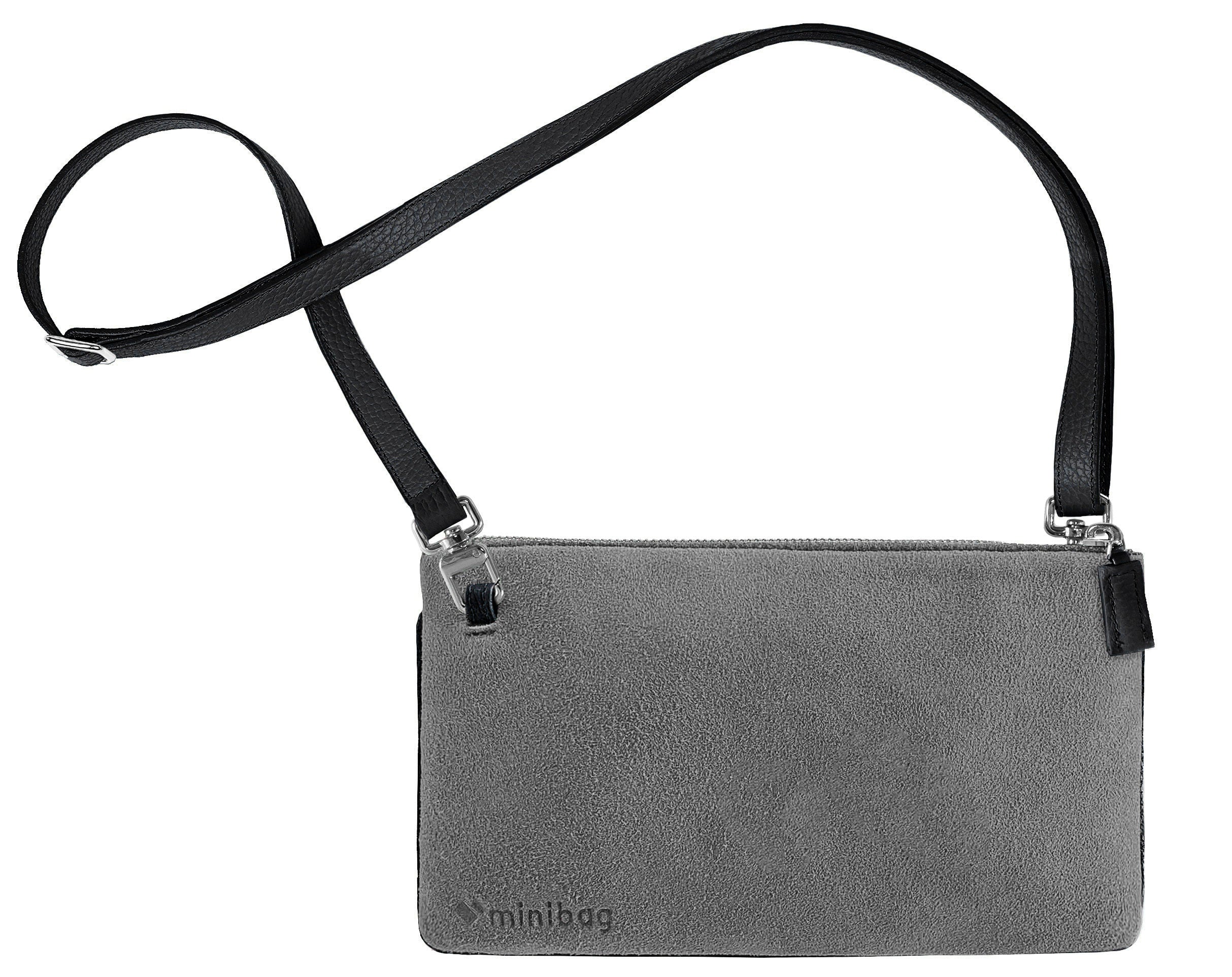 minibag in grau mit scharzem Kontrast, graue minitasche mit schwarzem Gurt, ledertasche grau velours, graue velourstasche aus Leder, kleine graue Ledertasche