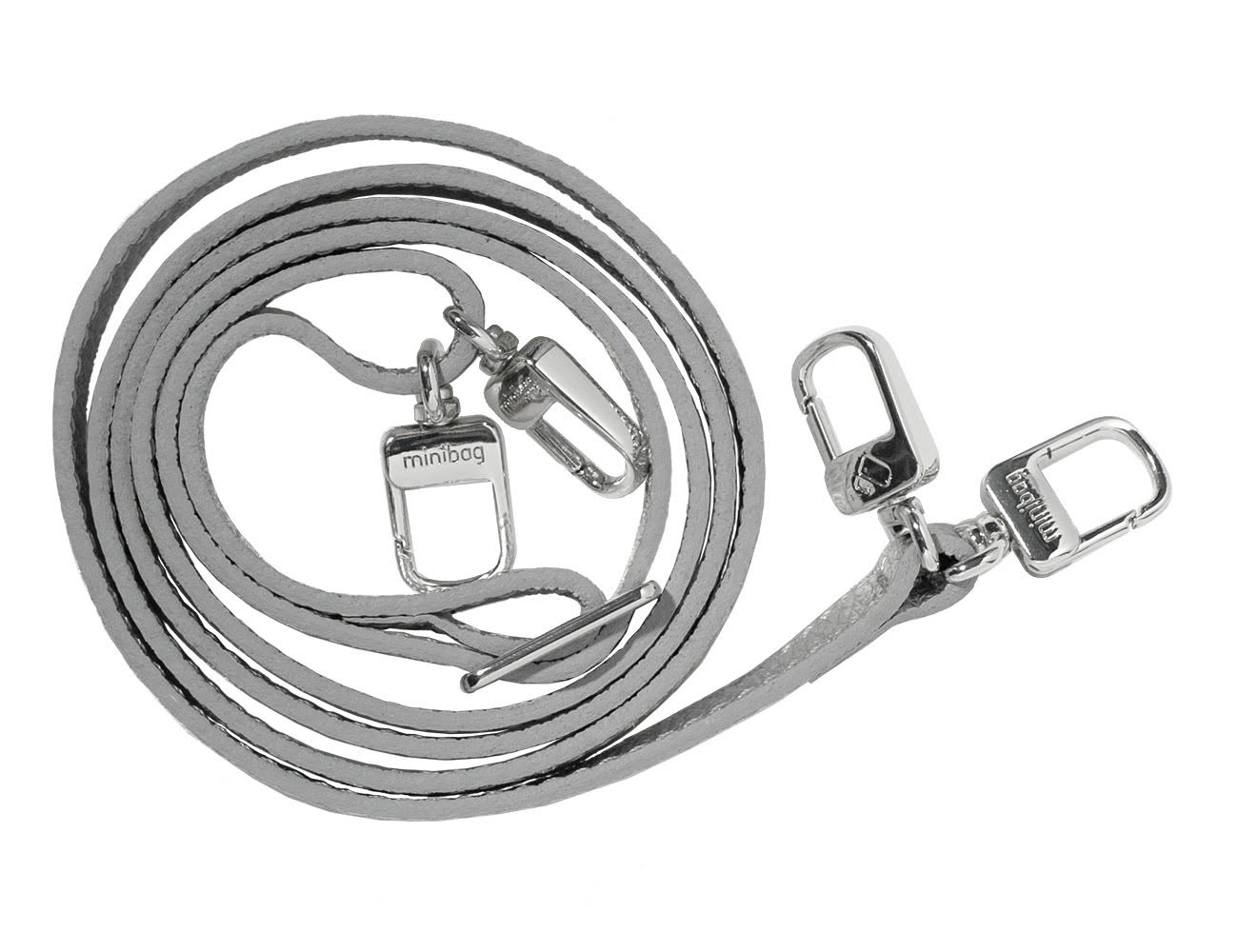 Minibag twin strap silver, minibag accessoires, Ledergurt mit zwei Karabinern, minibag strap silver