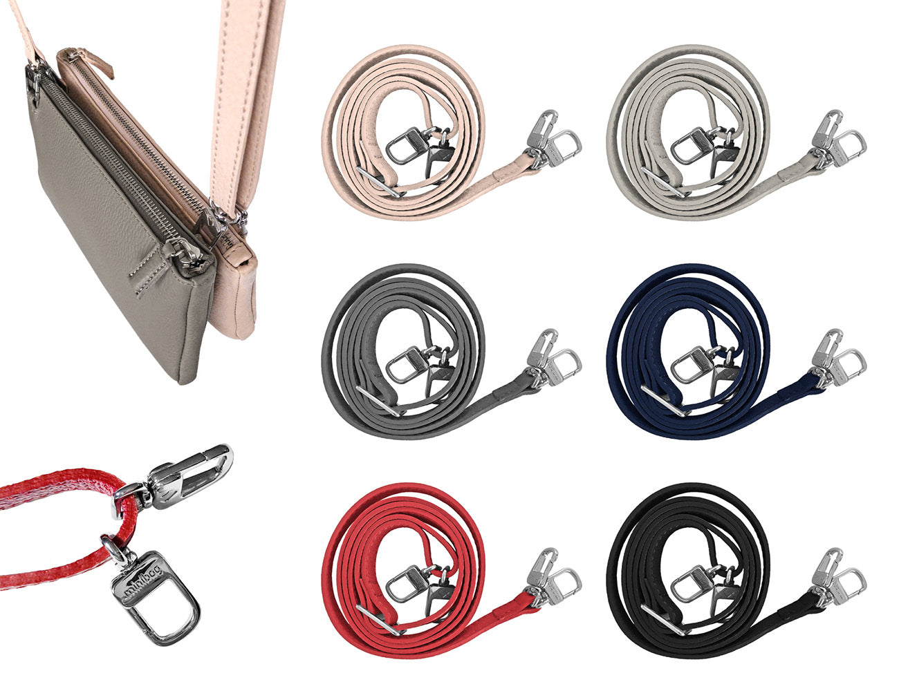 Minibag twin strap, minibag accessoires, Ledergurt mit zwei Karabinern, Ledergurt für zwei Taschen