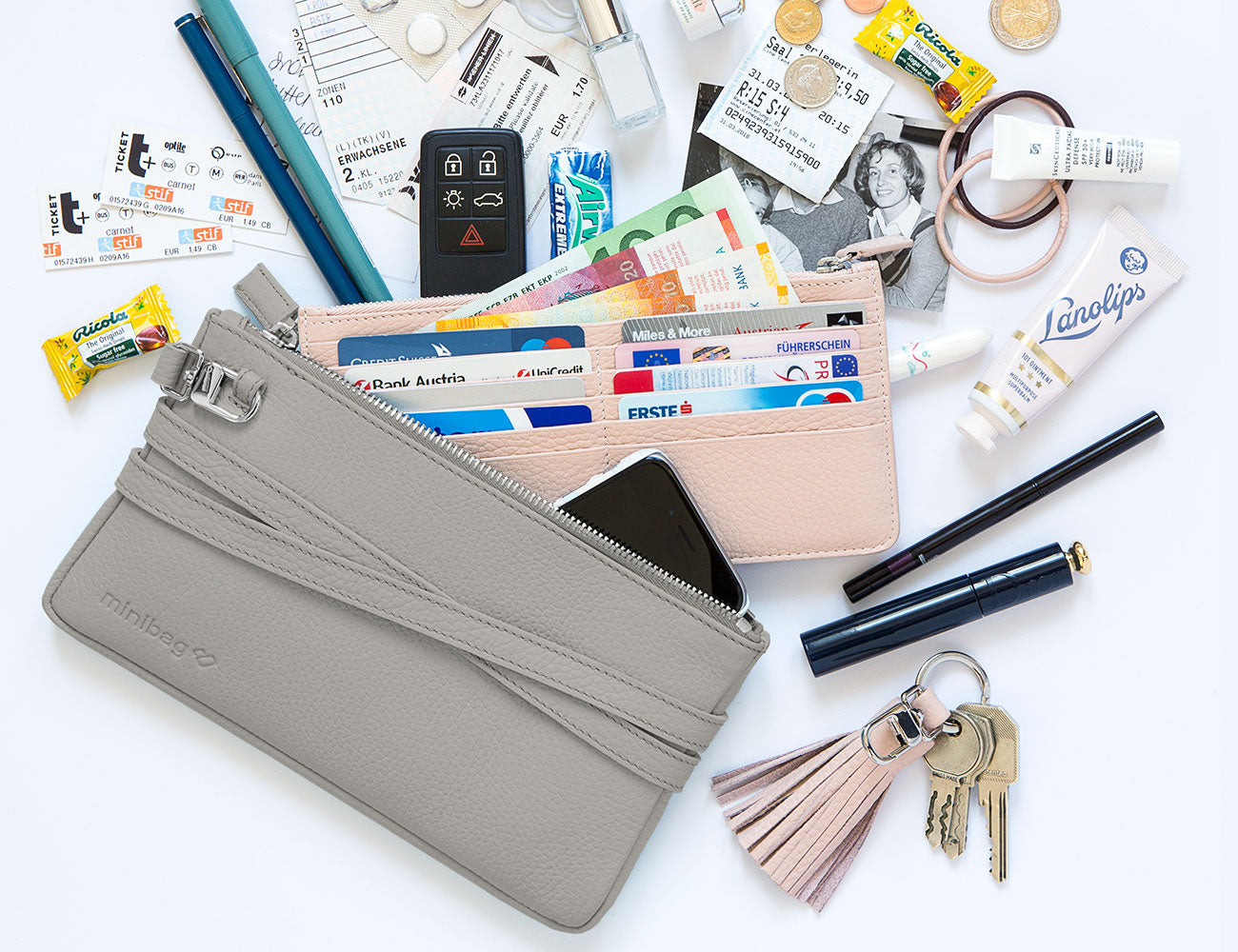 Minibag wallet nude, Geldbörse nude, minibag taupe mit wallet nude, Vielseitige Geldbörse