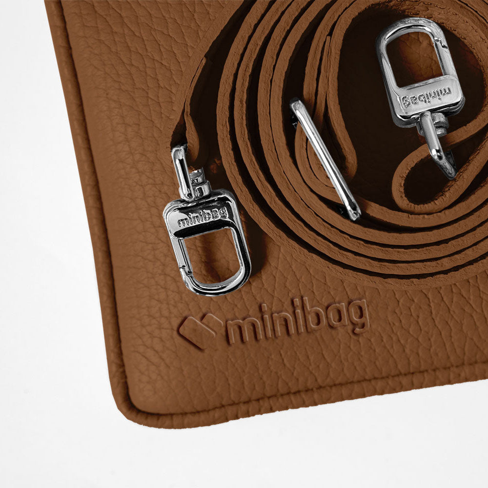 minibag cognac, minibag Ledergurt, Prägung minibag Logo, braune Ledertasche, Geldtasche zum Umhängen