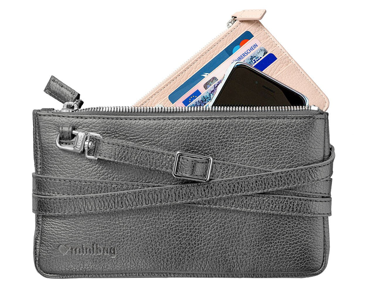 minibag metallic anthracite, Ledertasche metallic grau, Clutch metallic grau, minibag Wallet nude