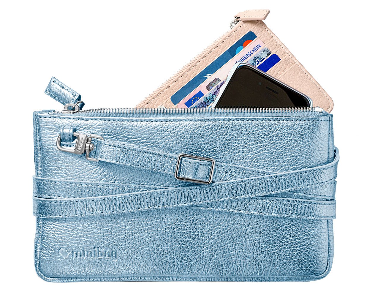 minibag metallic ice, Ledertasche eisblau, Geldtasche zum Umhängen, minibag Wallet nude, Clutch blau