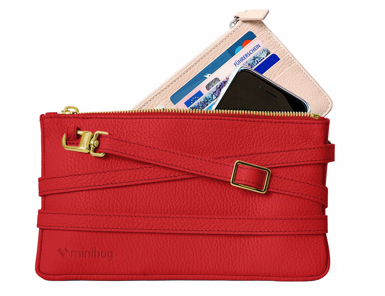 minibag red Edition GOLD, Ledertasche rot, Clutch rot, Minibag Wallet nude, Geldtasche zum Umhängen