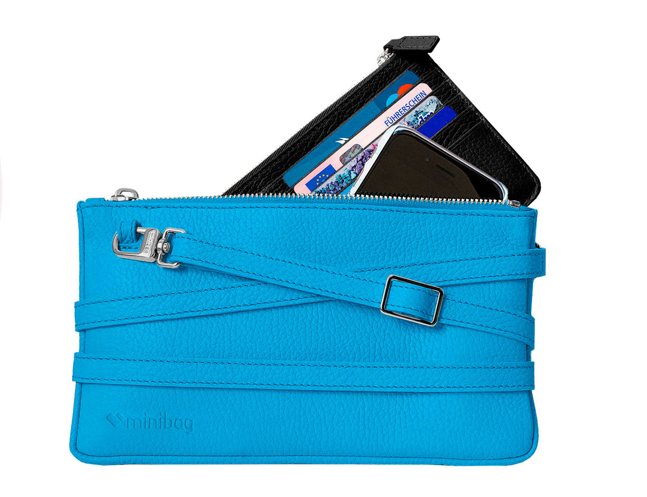 minibag cobalt, blaue Ledertasche, blaue Clutch, minibag Wallet schwarz, minibag Geldbörse