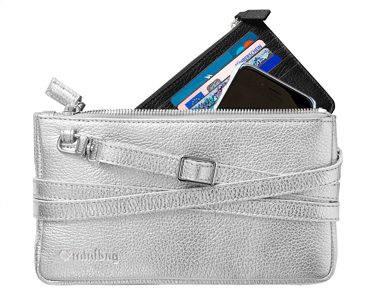 minibag metallic silver, Ledertasche silver, Clutch silver, minibag Wallet schwarz, Ledergurt silver