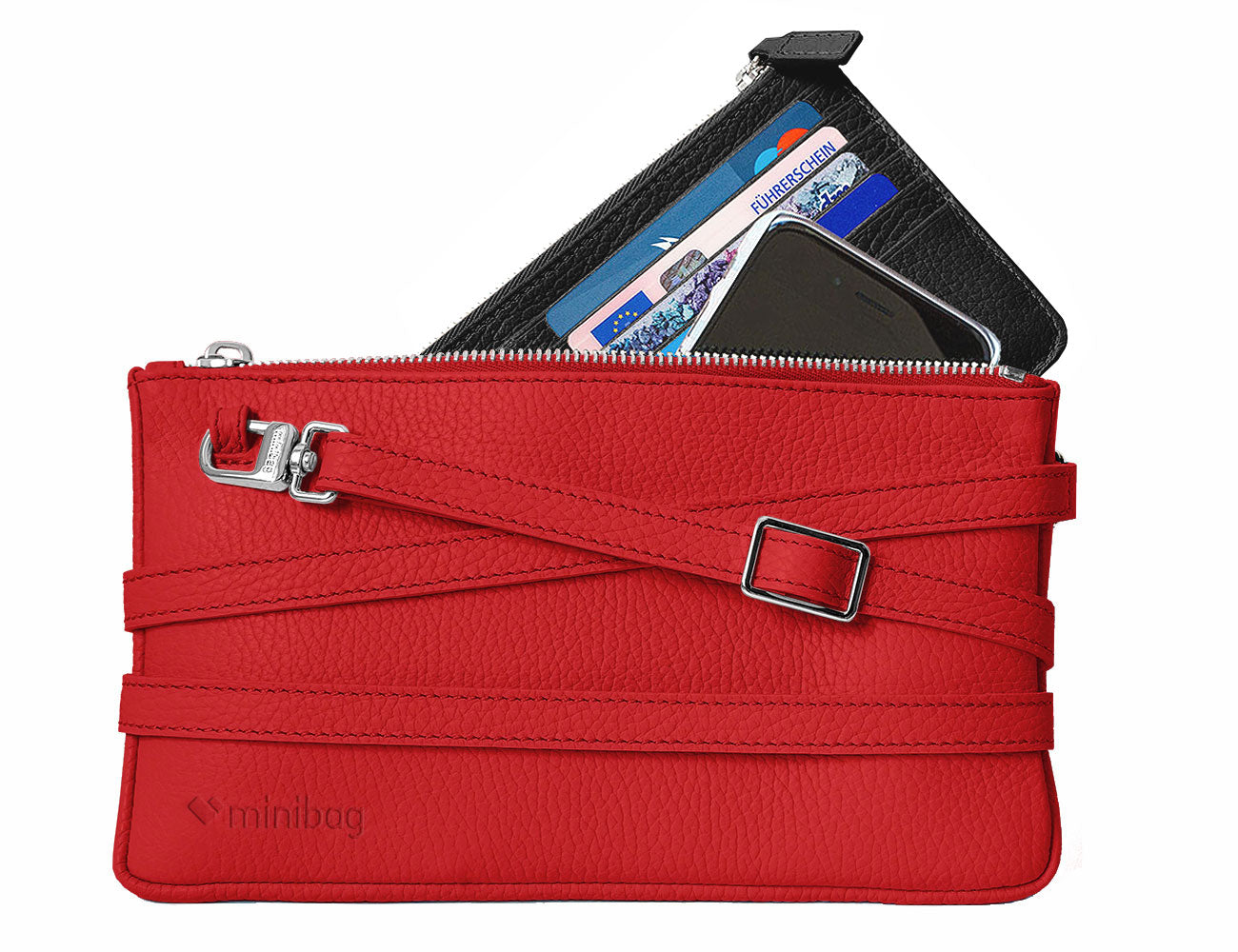 minibag red, Ledertasche rot, Clutch rot, minibag Wallet schwarz, Geldtasche zum Umhängen, minibag